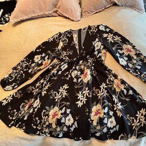 SOLD Shein Black Floral V-Neck, Long Puff-Sleeve, Flared Mini Dress, Sz Small